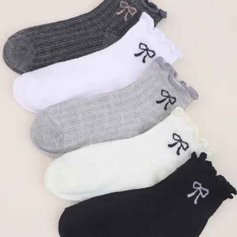 Women's Mixed Color Lace Bow Crew Socks, Elastic Socks, Breathable Casual Low Cut Socks, Moisture-Wicking Simple Style for All Seasons, Socks Set