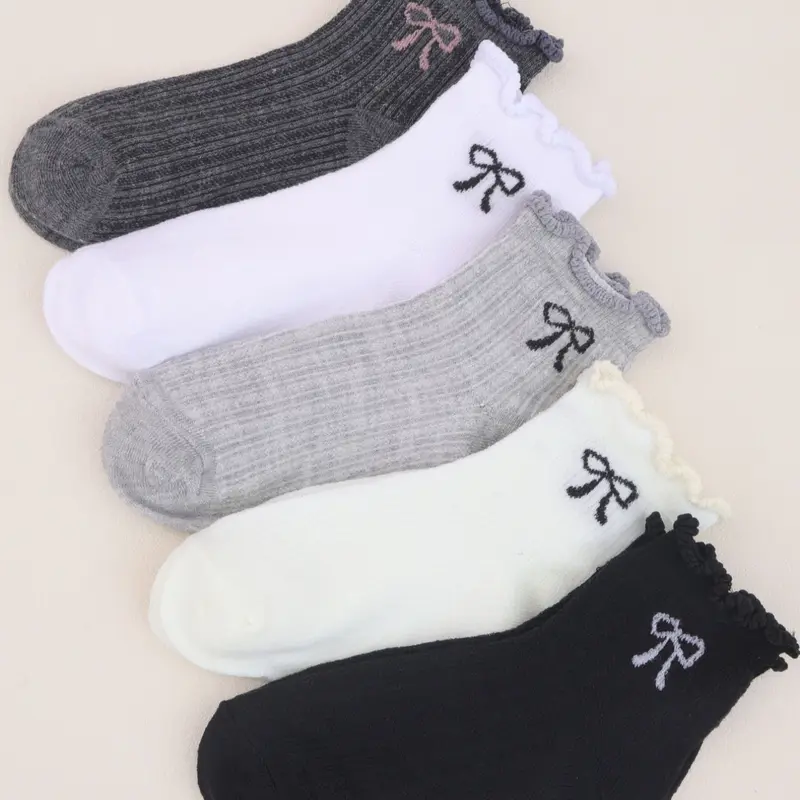 Women's Mixed Color Lace Bow Crew Socks, Elastic Socks, Breathable Casual Low Cut Socks, Moisture-Wicking Simple Style for All Seasons, Socks Set