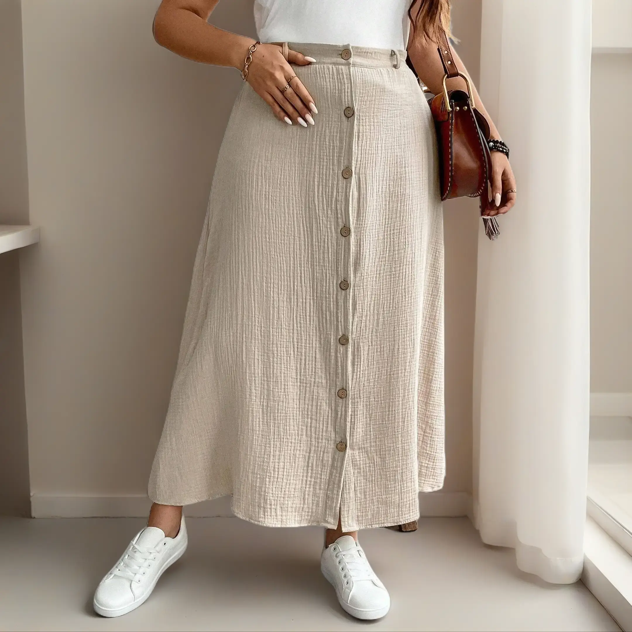Plus Size Women Apricot Button Front Mid Length Skirt Casual Stylish Comfortable & Breathable Cotton Fabric for Everyday Wear & Office Outfits