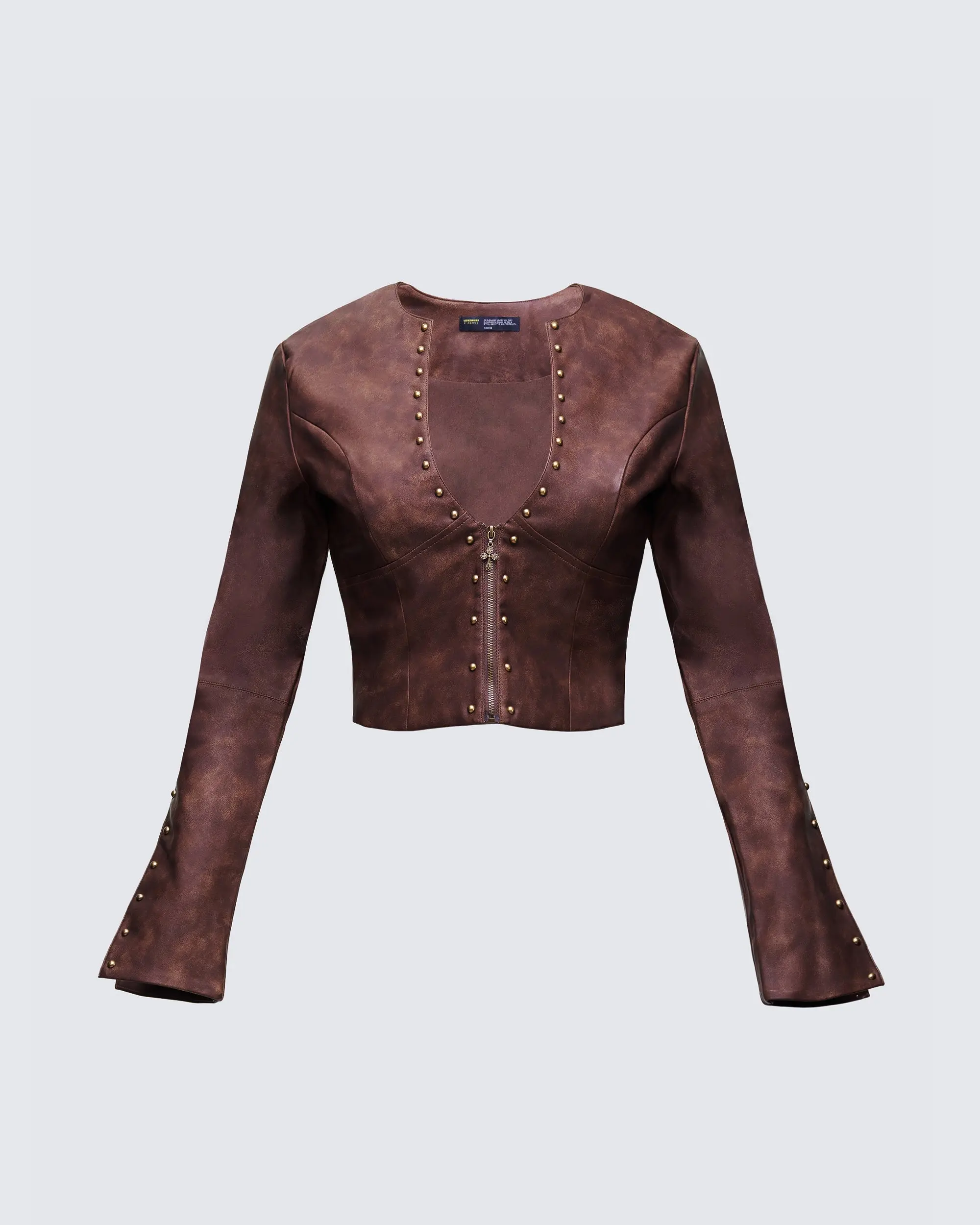 Women's Viatrix Brown Vegan Leather Studded Fitted Cropped Jacket - Tops, Coats with Sleeve Detail, Outerwear