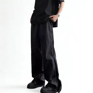 Men's American High-Street Colorblock Patchwork Paratrooper Trousers, Casual Straight Pants with Side Zipper Design, Black, Trouser