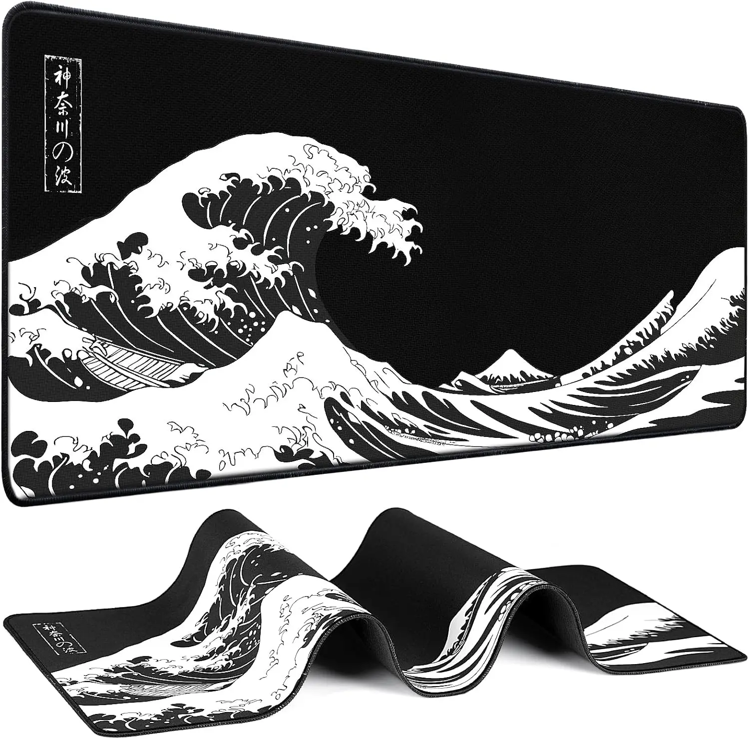Japanese Great Wave Extended Gaming Mouse Pad - Large Desk Mat with Non-Slip Rubber Base, Stitched Edges, Waterproof Surface for Office Gaming Use