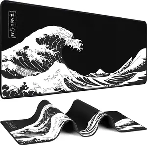 Japanese Great Wave Extended Gaming Mouse Pad, Large Desk Mat, Non-Slip Rubber Base, Stitched Edges, Waterproof Keyboard Mouse Pad for Office Gaming
