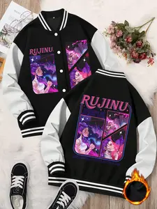 Women's K-Pop Style Graphic Baseball Jacket Coat, Soft Elastic Fabric, Casual Streetwear, Long Sleeve, Fitted Design, Cartoon Pattern