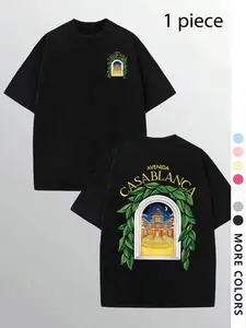 Men's Casual Loose-Fitting Short Sleeve T-Shirt with Casablanca Palace Print, Comfortable Round Neck Tee for Outdoor & Gym, Stylish Summer Essential