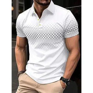 Men's casual short sleeved polo shirt, made of polyester fiber knitted fabric, breathable top, geometric pattern, slightly elastic, single breasted placket, short sleeved, regular length, with a lapel, suitable for sports, tennis, golf, parties, vacations