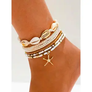 7 Piece Bohemian Layered Ankle Bracelet Set with Beads and Seashells, Boho Style Jewelry, Perfect Fashion Accessory for Summer Beach Style, Ideal Gift for Women
