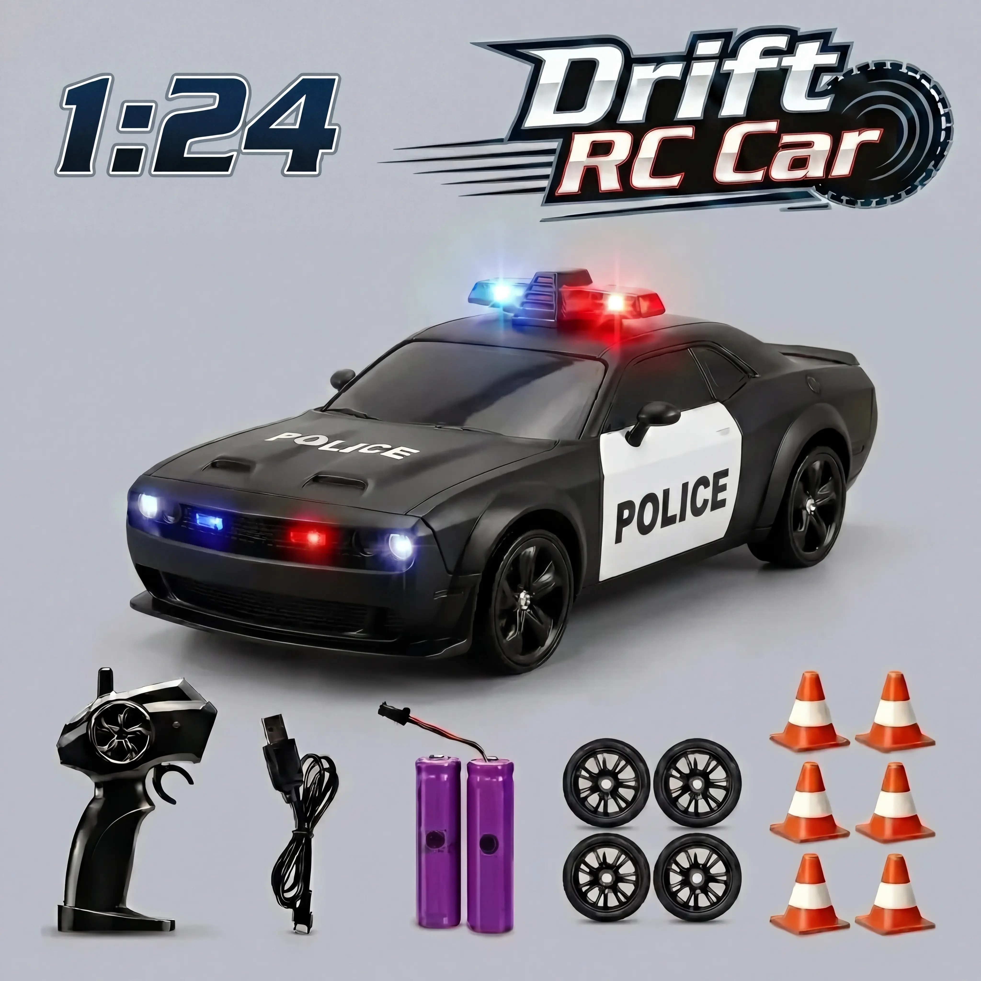 4WD 1:24 RC Police Car with LED Lights & Siren Sound, High-Speed Remote Control Toy Car for Kids, Rc Vehicle, Rc Controlled