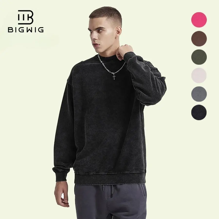 BIGWIG Menswear Vintage Acid Wash Sweatshirt, Casual Oversized Long Sleeve Round Neck Top with Concealed Pockets, Cotton Blend, Distressed Wash, Pullover, Retro Style, Vintage Retro, Long Length, Lightweight, Oversized Fit, Acid-Washed, Loose-Fitting