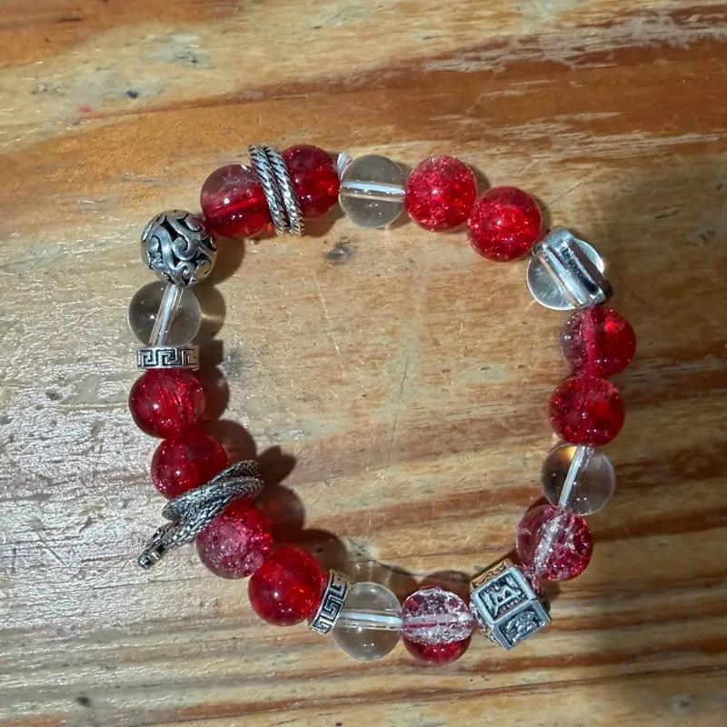 Handmade Red Crackle Glass Dragon Charm Stretch Bracelet - Unisex Classic Elegant Semi Formal Jewelry with Cubic Zirconia, Ideal for Anniversary Gifting
