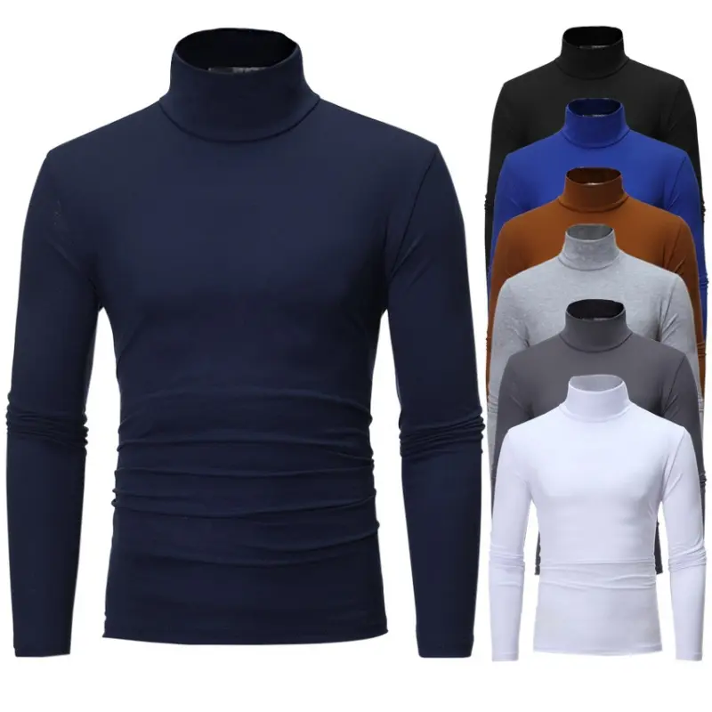 Men's Stylish Long Sleeve Top, High Collar Solid Polyester T-Shirt, Comfortable Thin Base Layer for Autumn