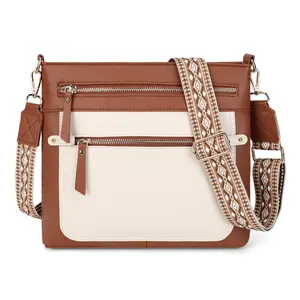 Color-blocked Double-zipper Crossbody Bag with Ethnic Style Adjustable Wide Shoulder Strap Multi-compartment Design for Commuting and Everyday Use