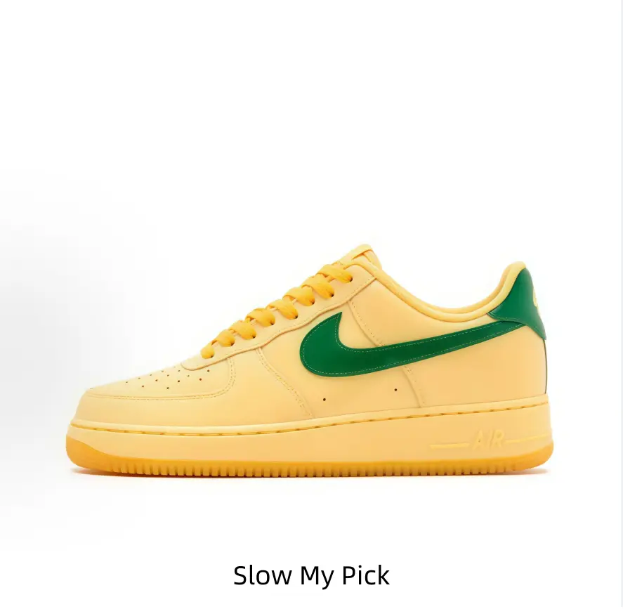 Pale yellow leather casual sneakers with green accents and gum rubber soles bring bright retro vibes for summer street fits and daily city strolls.