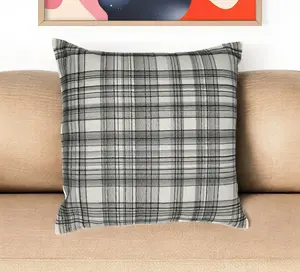 360 Stand 24 in. White & Black Geometric Check Cotton Blend Hand-Woven Embroidered Throw Pillow, Zippered, with Embroidery Detail, Modern Living Room Decor