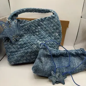 Blue Woven Denim Handbag & Pouch Set with Star Charms - Perfect for Everyday Use