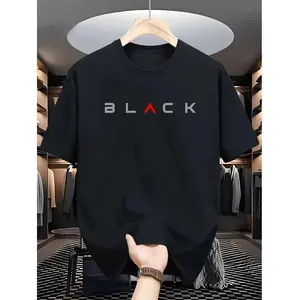Men's Casual Black Graphic Tee - Soft Polyester & Spandex Blend, Crew Neck, Short Sleeve, Summer T-Shirt with Unique Print Design
