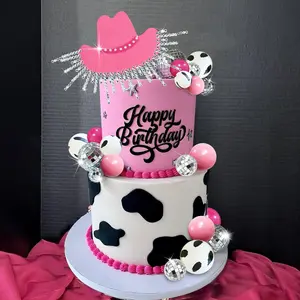 Cowgirl cake topper hot pink girl cake decoration shiny cowgirl hat disco balls for western theme party cowgirl birthday party supplies 01
