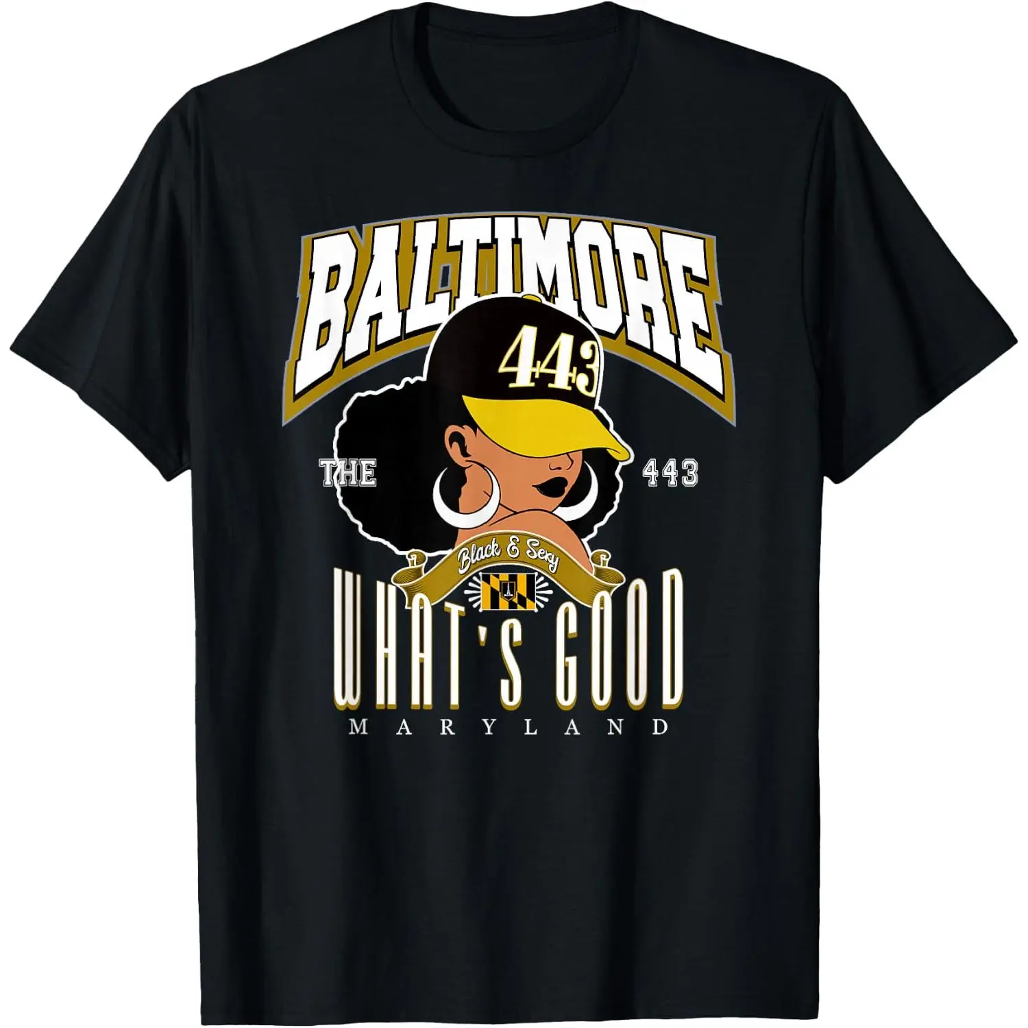 100%cotton 443 Baltimore Maryland Area Code Melanin Pride Gifts T-Shirt
