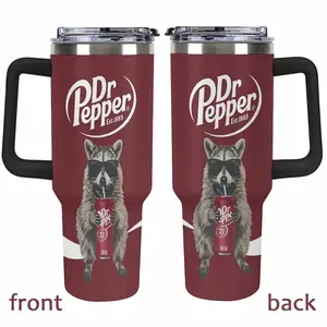 Funny Raccoon Drinking DR Pepper 40oz Tumbler with Handle, Cool Trash Panda in Sunglasses Insulated Stainless Steel Mug, Maroon Soda Lover Gift, Vacuum Travel Cup with Straw Lid, Gift for Raccoon Fans, Gift for DR Pepper Fans