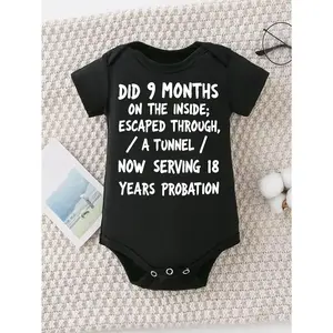 Cute Baby Bodysuit With Did 9 Months On The Inside Escaped Through A Tunnel Now Serving 18 Years Probation Print Soft Versatile Round Neck Button Detail Regular Fit All Seasons Knitted Fabric Onesie For 0-12 Months