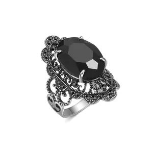 Mytys Retro Vintage Cocktail Statement Ring Antique Silver Big Black Onyx Stone Ring with Black Marcasite & Crystal for Women Elegant Design Mixed Metal