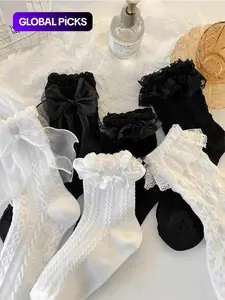6 Pairs of Cute and Simple Women's Lolita Floral Lace Bow Socks, Comfortable Breathable Design for Everyday Wear, Lace Crew Socks