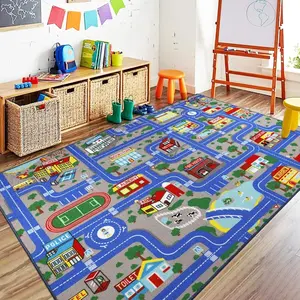 Kids Town Map Road Flannel Area Rug - Colorful City Street & Car Track Print Soft Mat for Playroom & Nursery, Non-Slip Educational Play Rug #KidsTownMapRug #CityStreetPlayMat #NurseryRoadDecor #CarTrackCarpet #NonSlipFlannelRug