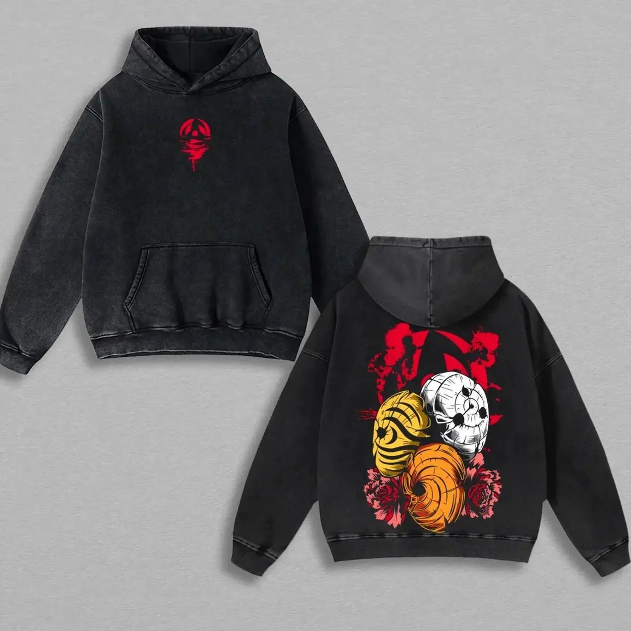 Obito Uchiha Mask Akatsuki x Naruto Anime Double Printed Washed Hoodie for Men - Graphic Hoodie, Anime Merch Cotton Hoodies Gift for Obito Fan Manga Lover LWH 9JL