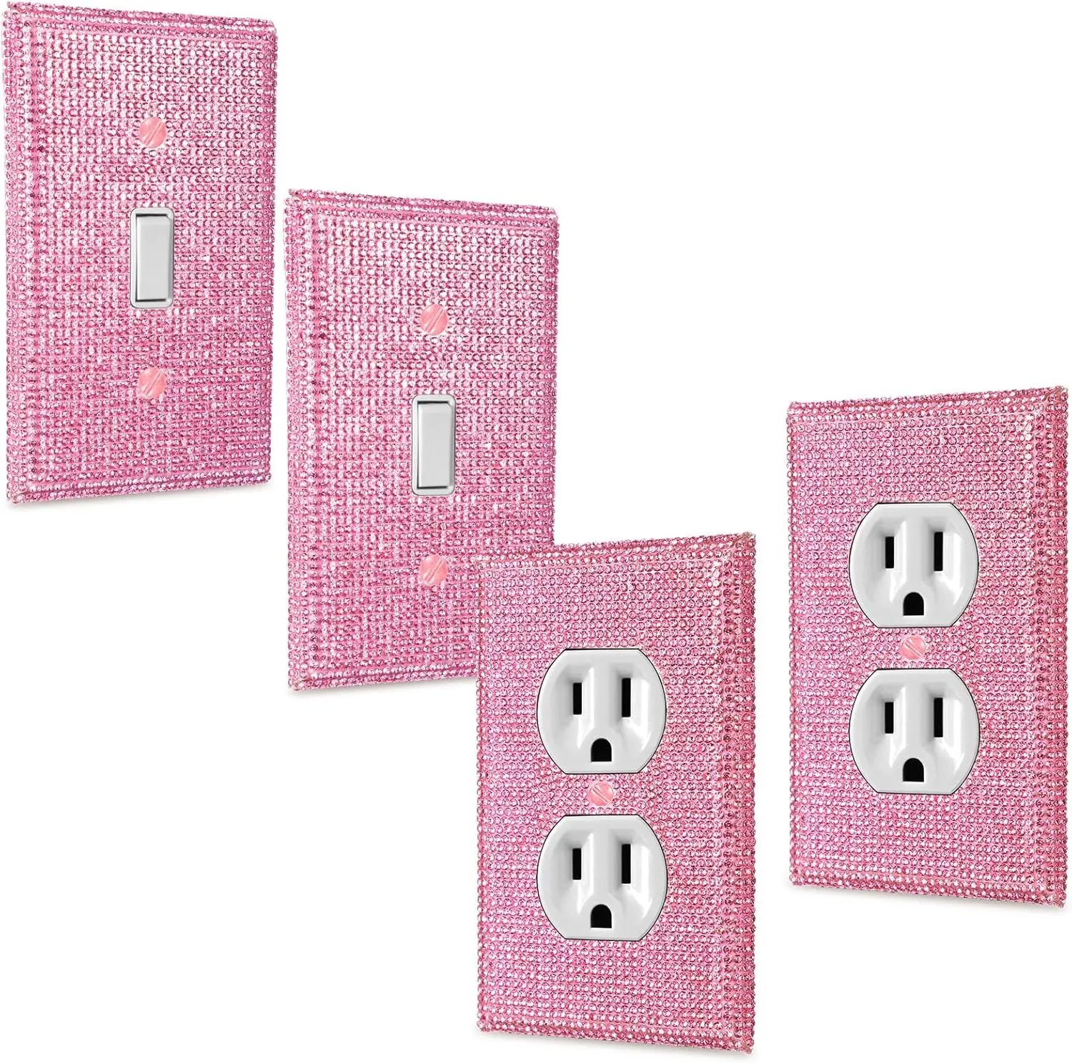 4-Pack Sturdy Decorative Rhinestone Bling Wall Plates, Standard Indoor Home Improvement Electrical Accessory for Restaurant, Girl’s Bedroom, Includes 2 Duplex Light Plates, 2 Single Toggle Socket Covers (4.5x2.8")
