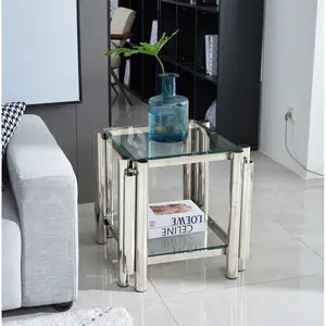 20 Inch Square End Table, Modern Stainless Steel End Table, Double-Layer Clear Tempered Glass Coffee Table, Side Table with Storage, for Living Room Home Office, Silver