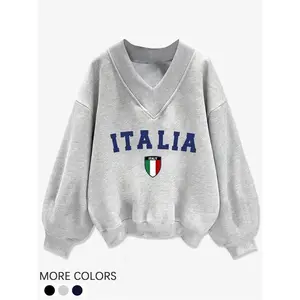 Women’s loose V-neck sports T-shirt with letter print, winter casual top for everyday wear GARMENTARY