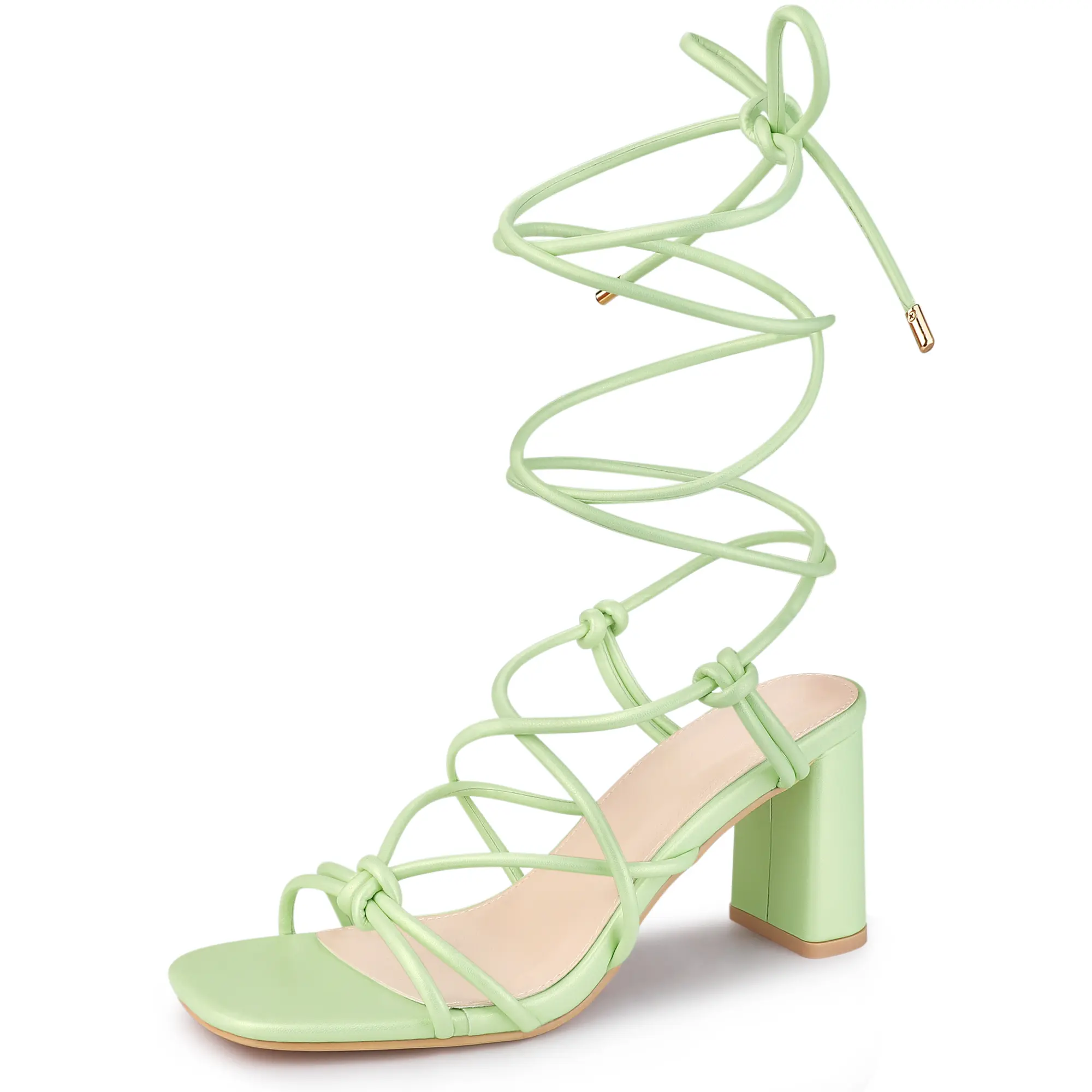 BLISSFUL STEP Strappy Heels Knots Square Toe Block Heel Lace Up Sandals for Women
