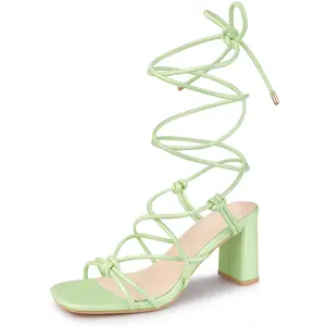 BLISSFUL STEP Strappy Heels Knots Square Toe Block Heel Lace Up Sandals for Women