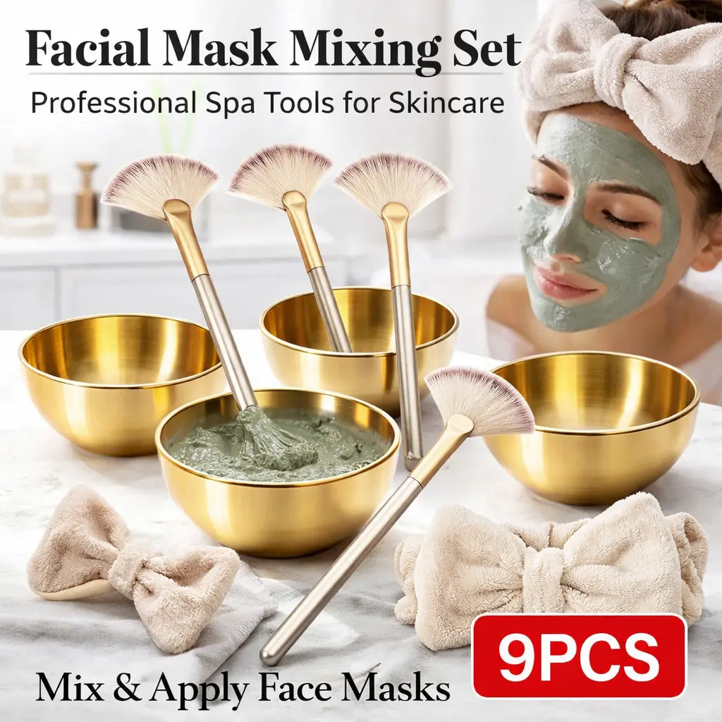 9pcs Multi-Pack Facial Mixing Bowls & Brush Set - 4 Stainless Steel Bowls, 4 Fan Mask Brushes for Even Application, 1 Headband, Esthetician Facial Care Tools for Cleanliness, Christmas Gift, Home Beauty Use