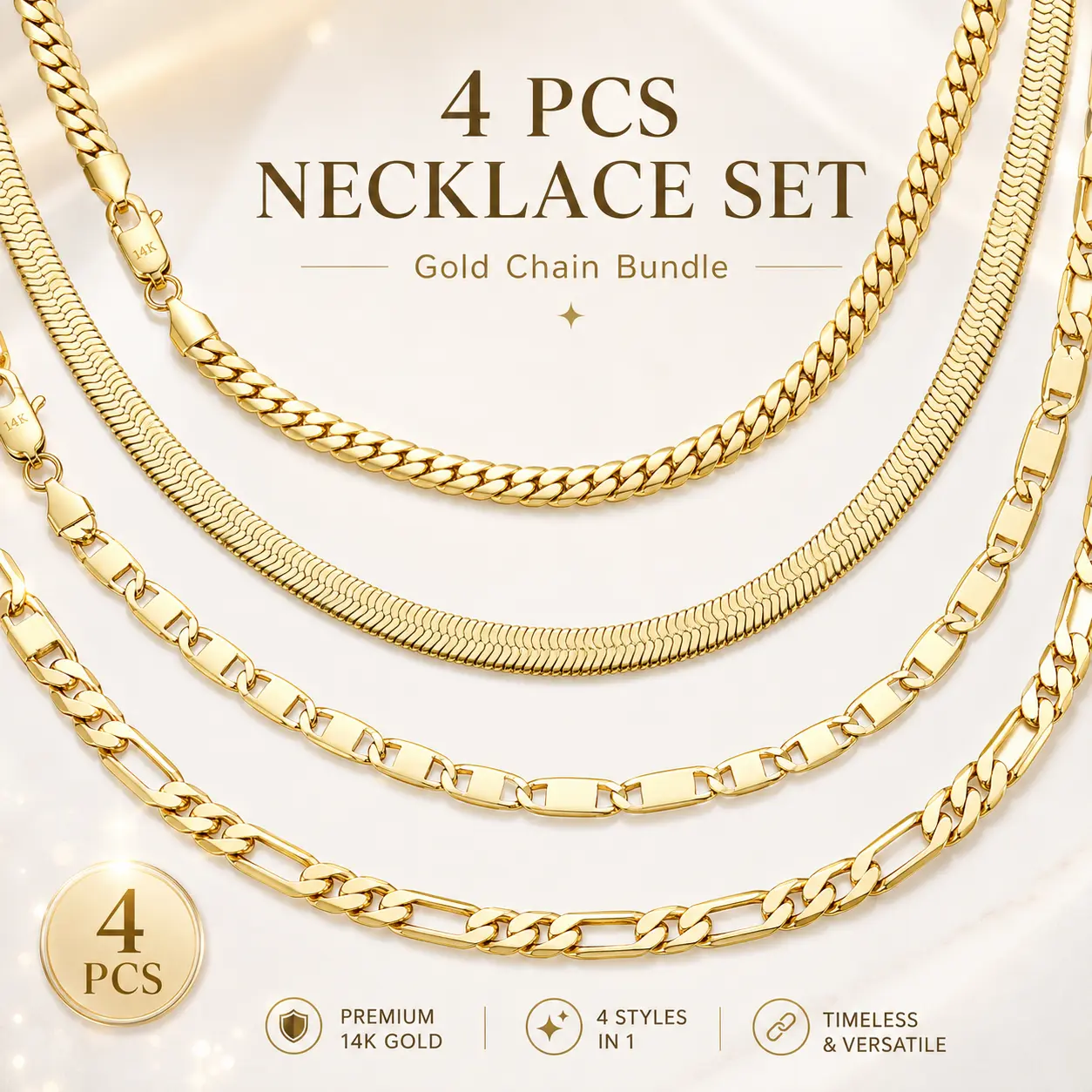 14K Gold Plated 4-Piece Men's Chain Necklace Set, Cuban Curb, Herringbone, Mariner & Figaro Chains for Layering
