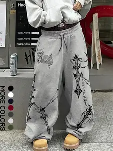 Men's Gothic Chain Cross Pants, Loose Long Pants with Complex Print and Chain Decoration, Punk Gothic Casual Style for Streetwear