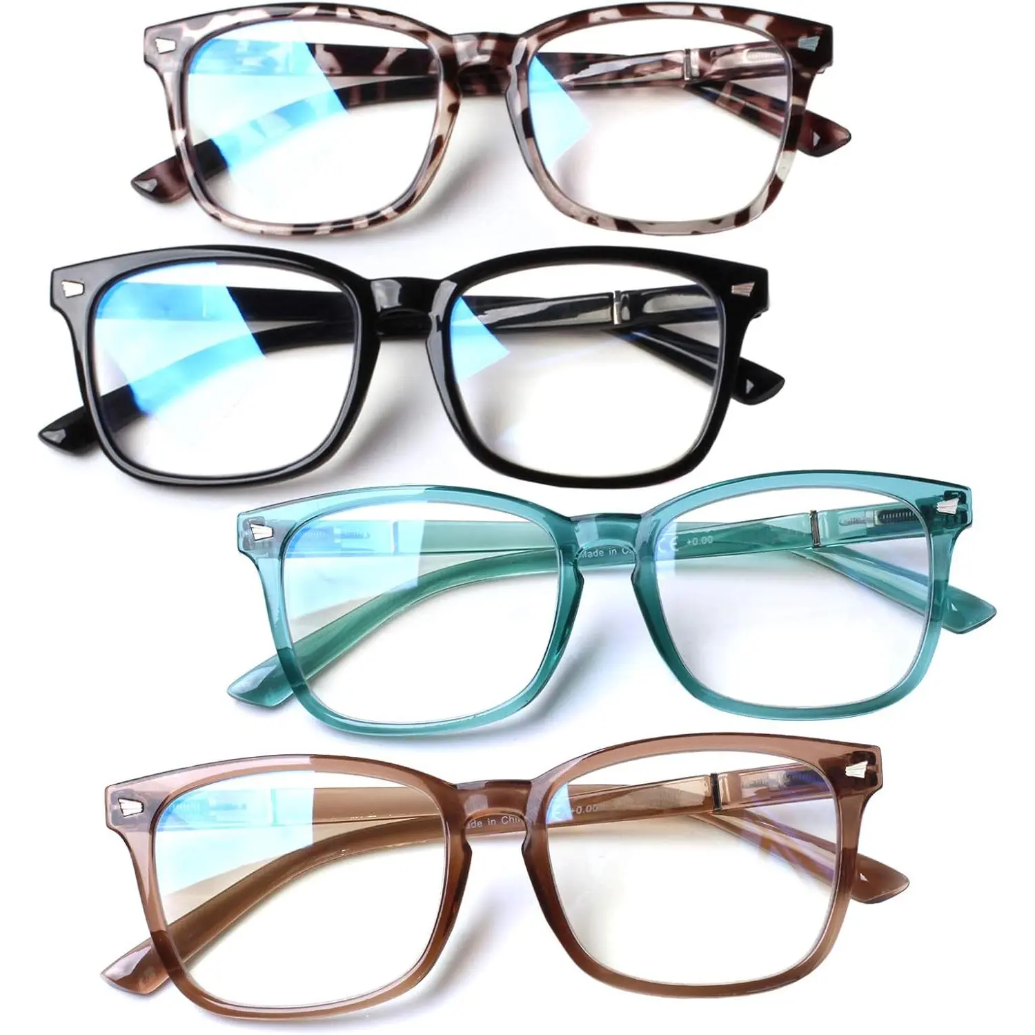 Unisex Square Frame Blue Light Blocking Reading Glasses, 4-Pieces Nerd Eyewear with Spring Hinges, Transparent Base, Anti-Glare Lenses, 4 Mixed Colors, +1.50 Strength