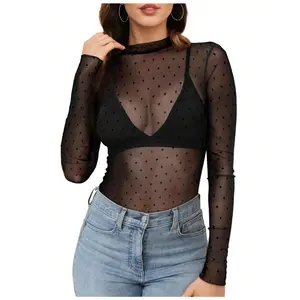 Women's Mesh Long Sleeve Top, Lace Sheer Blouse, Stand Collar Polka Dot See-Through Shirt, Black Dot Fishnet Top Formal Polyester Casual Wear Breathable Womenswear tops costco finds this week 2026 clothes for women tops for women summer tops