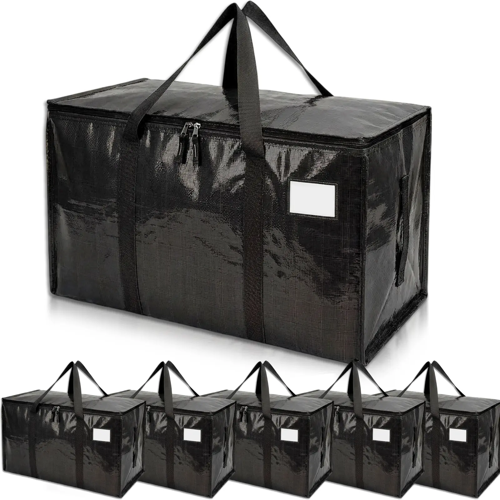 Foldable Black PE Moving Storage Totes 6 Pack, Heavy-Duty Large Capacity Bags with Zipper and Strong Reinforced Handles, Great Substitute for Moving Boxes for Travel, Dorm and Camping Packing