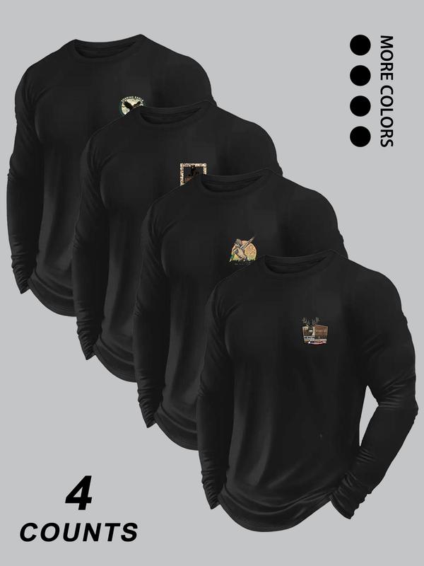 Men's Fashion Camo Animal Print Long Sleeve Round Neck T-Shirt Set, Comfortable Stretch Fabric, Perfect for Spring & Fall Sports Outdoor Activities, Athletic Sports Clothing