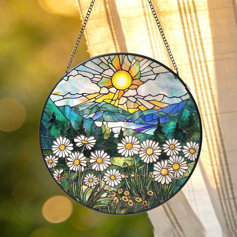 Stained Glass Daisy Suncatcher: Floral Window Hanging, April Birth Month Flower Mom Gift Stained Glass Daisy Suncatcher: Floral Window Hanging, April Birth Month Flower Mom Gift