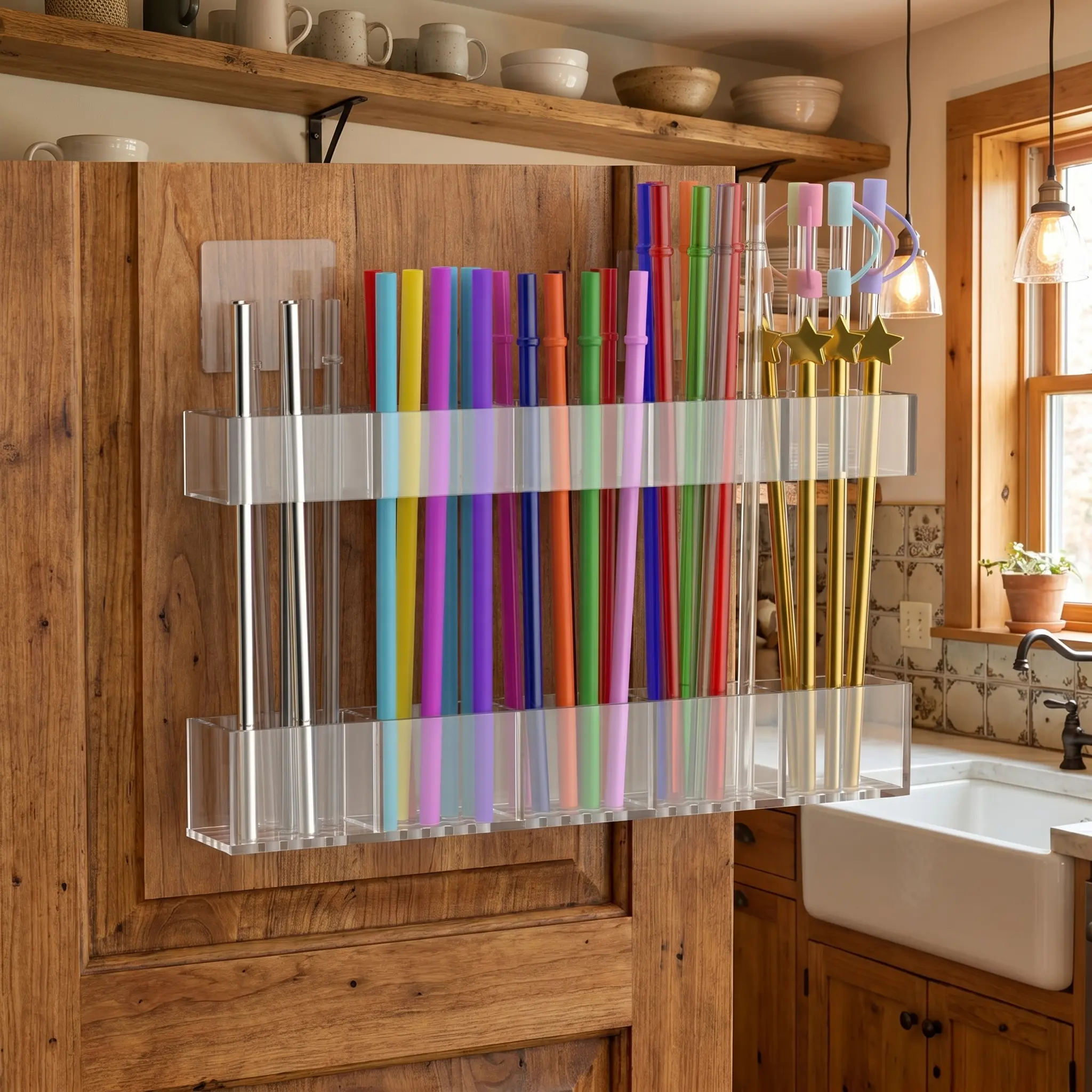 9.5-In BPA-Free Acrylic Straw Organizer, Adhesive Stick-On Dual-Section Storage Rack with Adjustable Fit, Clean Residue-Free Strong Hold, Drain-Dry Base for Cabinet Doors, Space-Saving Kitchen Utensils Holder