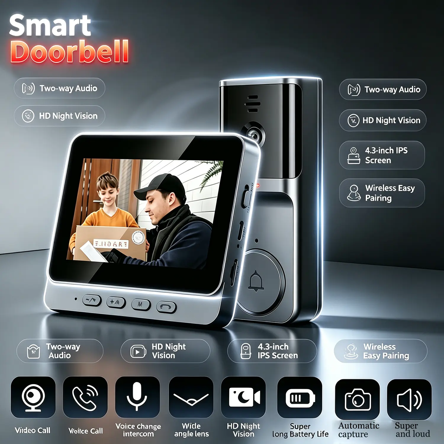 Wireless Video Doorbell with Monitor, 2.4G Module Connection, No WiFi/APP/Subscription Fees, 2-Way Audio, Night Vision, for Home Security