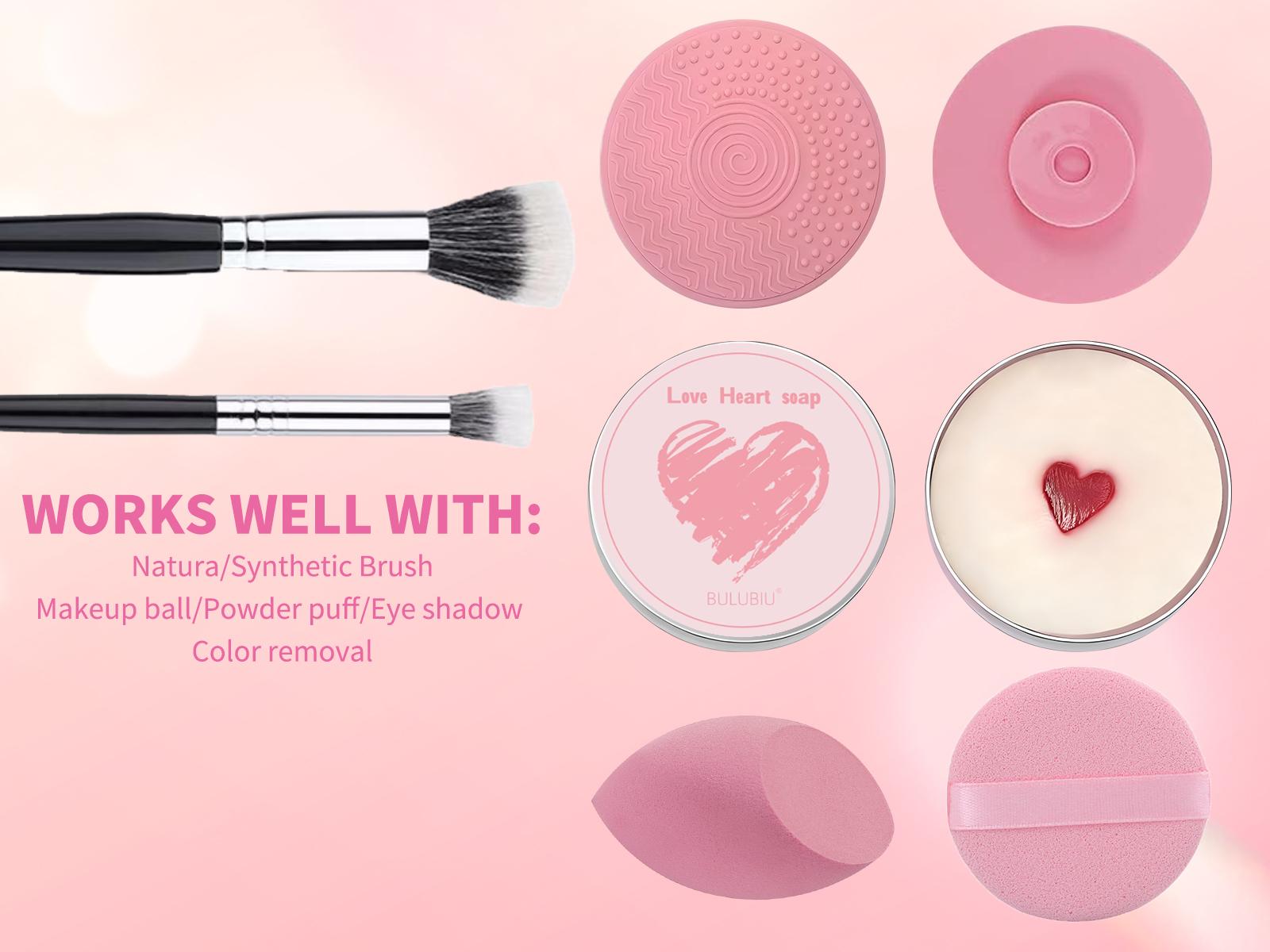 Makeup Brush Heart-Shaped Cleansing Soap Solid Soap Cleanser for Makeup Brushes Includes Color-Removing Sponge Brush Cleaning Pad Silicone Makeup Brush Cleaning Tool Removes Eye Shadow Pigment