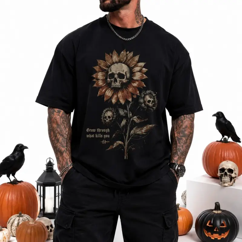 Men's Dark Aesthetic Skull Flower T-Shirt, Retro Gothic "Grow Through What Kills You" Graphic Tee, Edgy Streetwear for Tattooed Guys.