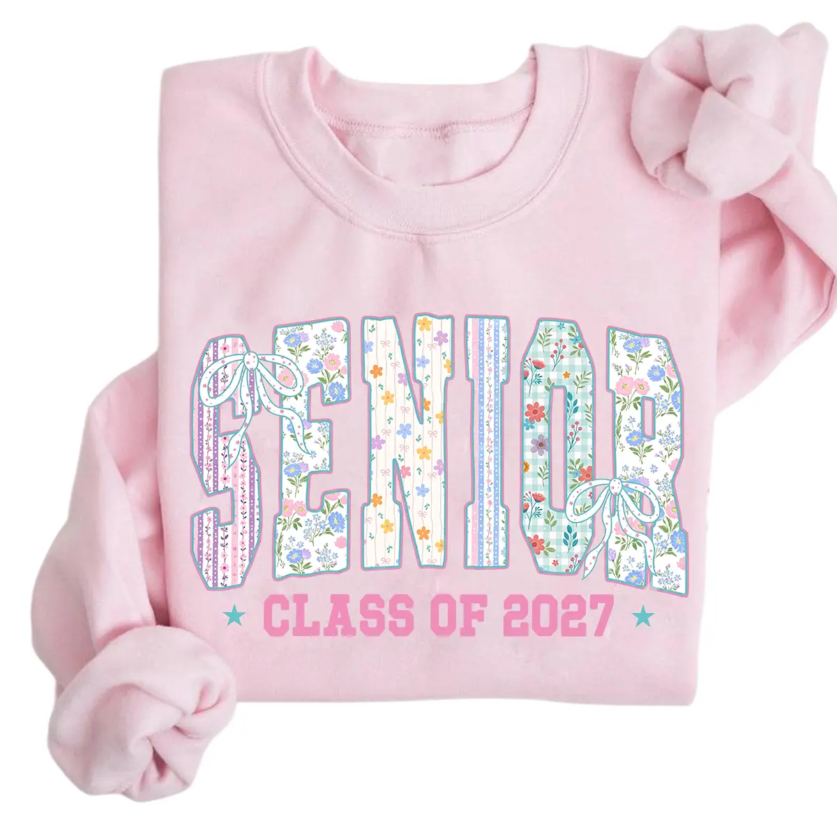 Senior Class Of 2027 Sweatshirt, Floral Patchwork Varsity Letters With Coquette Bows And Pastel Flowers, High School Senior Tee For Women, Graduation Party Outfit, Class Of 2027 Gift