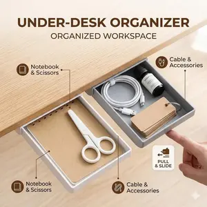 Self-Adhesive Under Desk Drawer Hidden Storage Box Pull-out Organizer For Office Stationery Makeup Pencil Tray Punch-free Holder
