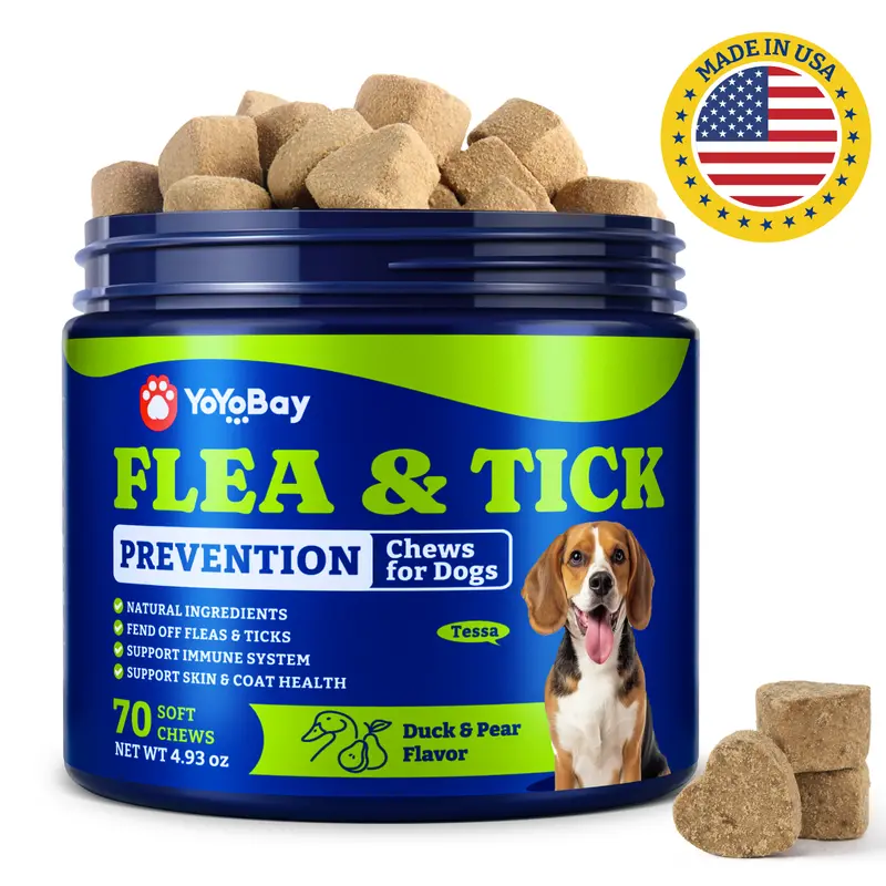 Flea and Tick Prevention for Dogs Chewable - 70 Soft Treat Chews, Duck & Pear Flavor - YOYOBAY Dog Flea and Tick Chewable, Natural Defense- Dog Immune Support Supplement