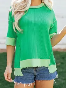 Women's Green Ribbed Knit T-Shirt Half Sleeve Man's Crew Neck Top with Raw Hem and Exposed Seams
