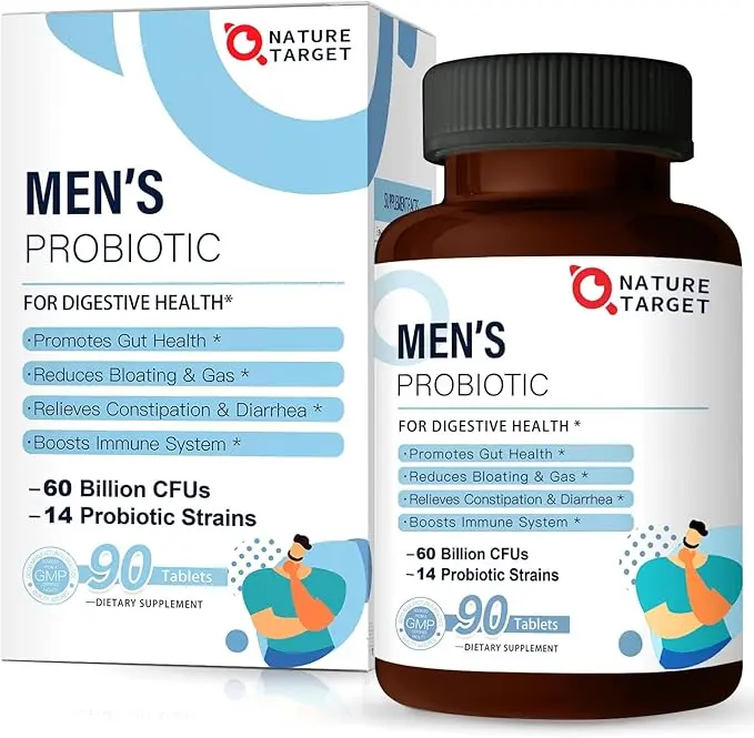 NATURE TARGET Probiotics for Men with Men Care Supplement, Prebiotics & Probiotic for Men's Digestive and Immune Health,60 Billion CFUs & 14 Strains Shelf Stable, Gluten & Soy Free - 90 Tab